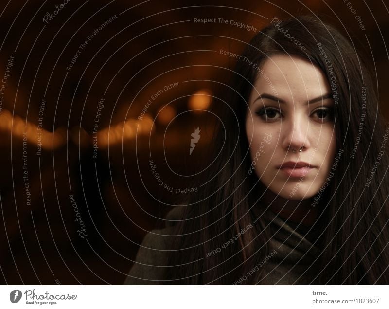 . Feminine Young woman Youth (Young adults) 1 Human being Hamburg Tunnel Elbtunnel Coat Piercing Black-haired Long-haired Observe Looking Dark Beautiful