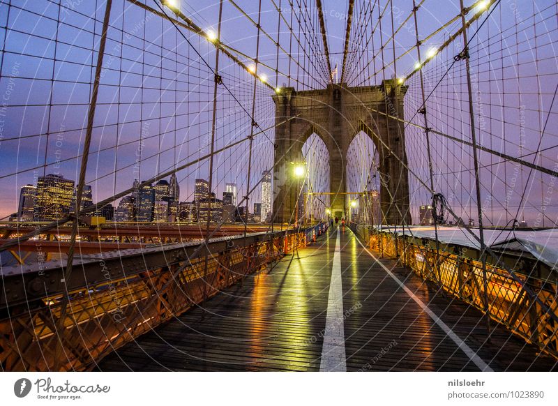 brooklyn bridge lights Vacation & Travel Trip City trip New York City Town Bridge Building Architecture Lanes & trails Illuminate Gold Violet Orange Emotions