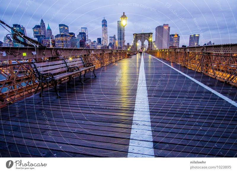 brooklyn bridge bench Vacation & Travel Tourism City trip Clouds New York City Town Bridge Tourist Attraction Pedestrian Lanes & trails Going Illuminate Blue