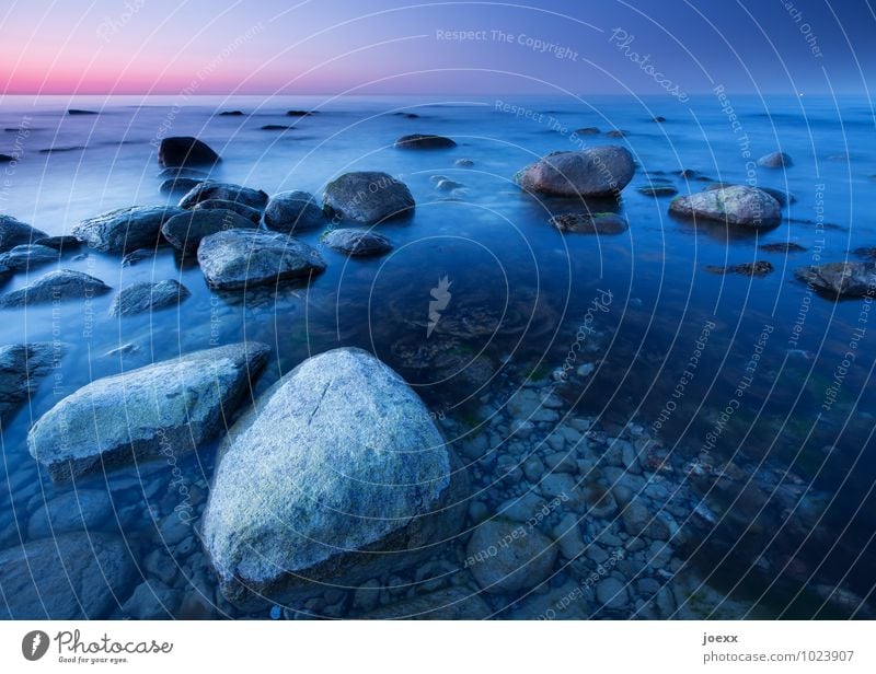 Stoned Water Cloudless sky Horizon Coast Baltic Sea Beautiful Blue Gray Violet Colour photo Exterior shot Deserted Morning Dawn Light Long exposure