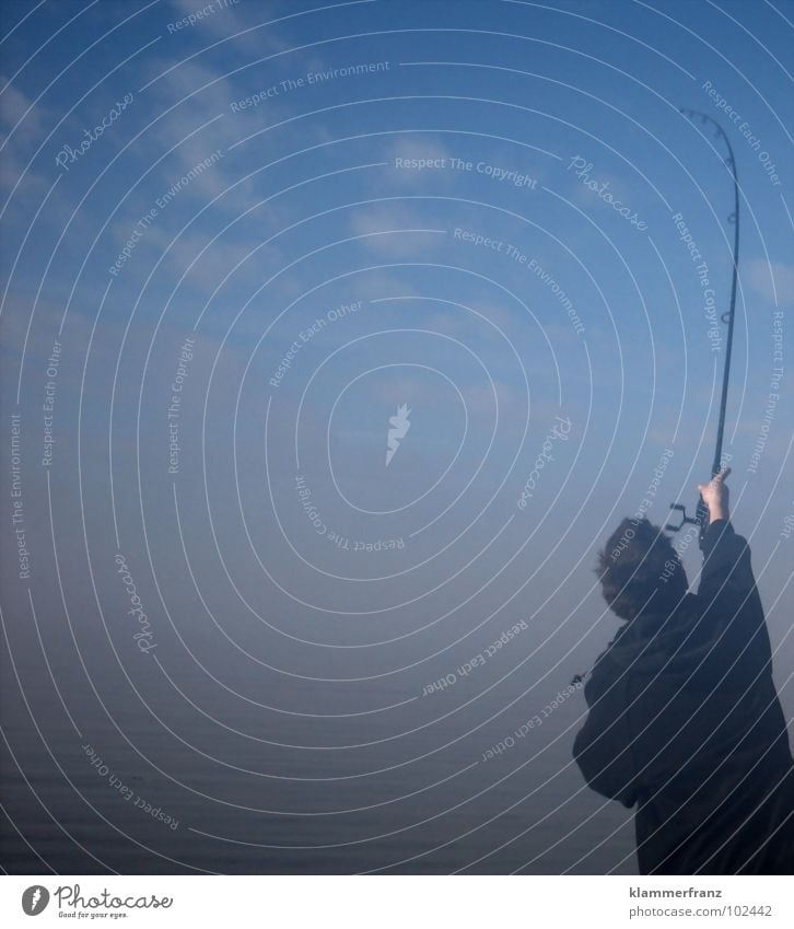 The fisherman Fog Morning Fishing rod Throw Fishing (Angle) Swing Clouds Sky Unclear Leisure and hobbies Ocean rod swing Blur Exterior shot Angler Only one man