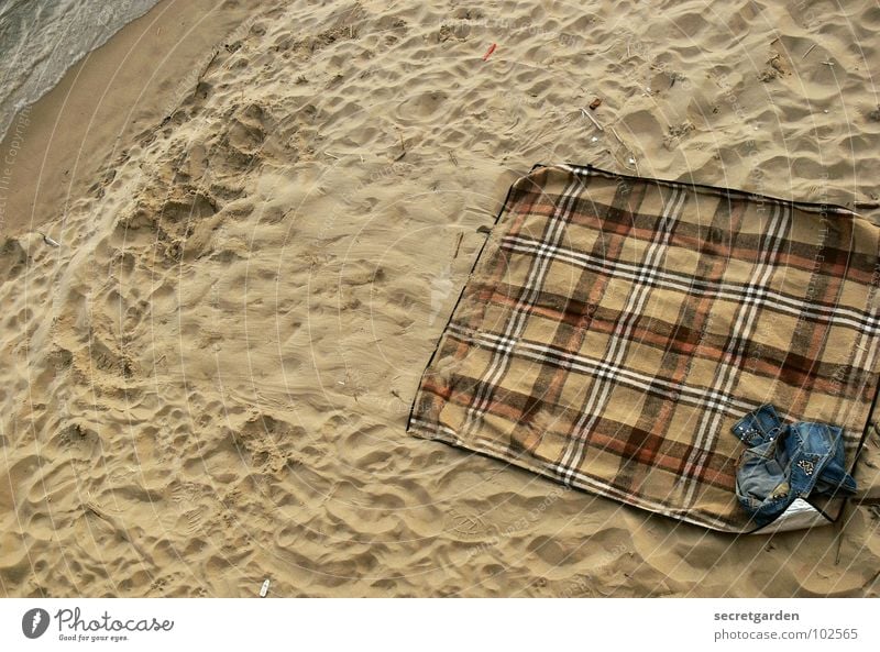 Dinner for Two Ocean Beach Push Waves Swell Evening Bird's-eye view Brown Calm Relaxation Picnic Deserted Footprint Cloth Pants Wellness Clothing Design Retro