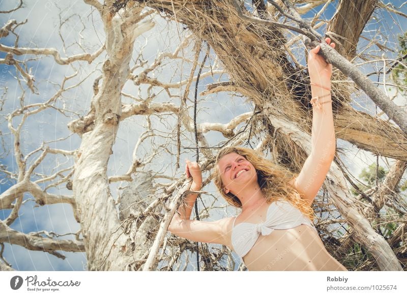 Pearl of plage III Feminine Young woman Youth (Young adults) Woman Adults 1 Human being 13 - 18 years Child Summer Tree Branch Twigs and branches Bikini Blonde