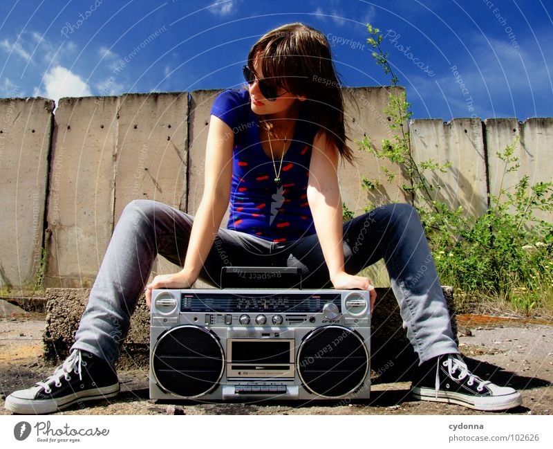 RADIO ACTIVE XV Woman Style Music Sunglasses Industrial site Concrete Ghetto blaster Action Whim Emotions Portrait photograph T-shirt Summer To enjoy Derelict