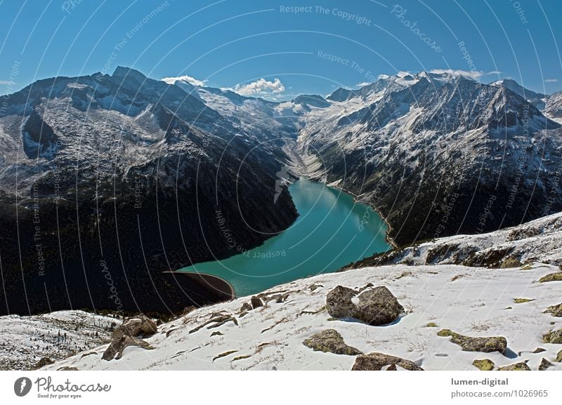 Zillertal Alps seen from the Olperer Hütte Winter Snow Mountain Clouds Rock Glacier Lake Stone Water Blue Black White Climate Slope Dramatic Ice Peak HDR Sky