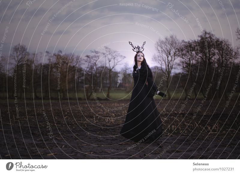 autumn Carnival Hallowe'en Feminine Woman Adults 1 Human being Subculture Environment Nature Landscape Autumn Field Dark Colour photo Exterior shot Full-length