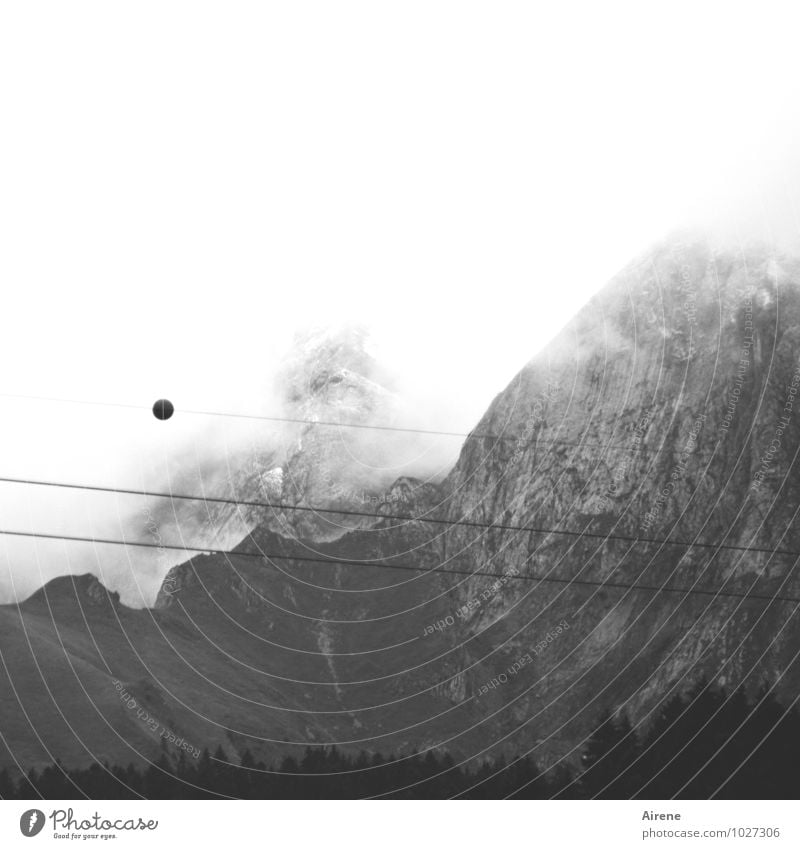 incipient visual disturbance Landscape Sky Clouds Fog Forest Rock Alps Mountain Peak vaud Switzerland Cable car Rope Wire cable Sphere Threat Dark Gray Black