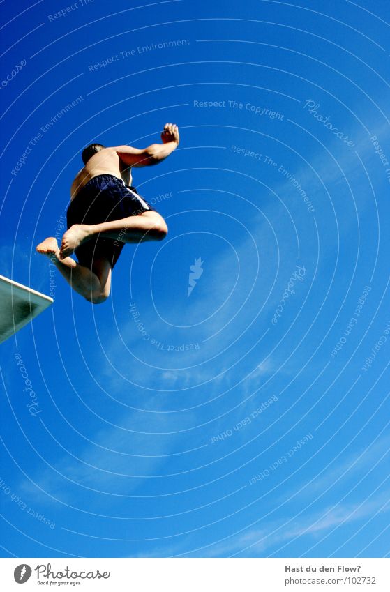 jump tower forward Man Swimming pool Jump Springboard Summer Open-air swimming pool Waves Clouds Vacation & Travel Vacation mood Euphoria Brave Trust Reckless