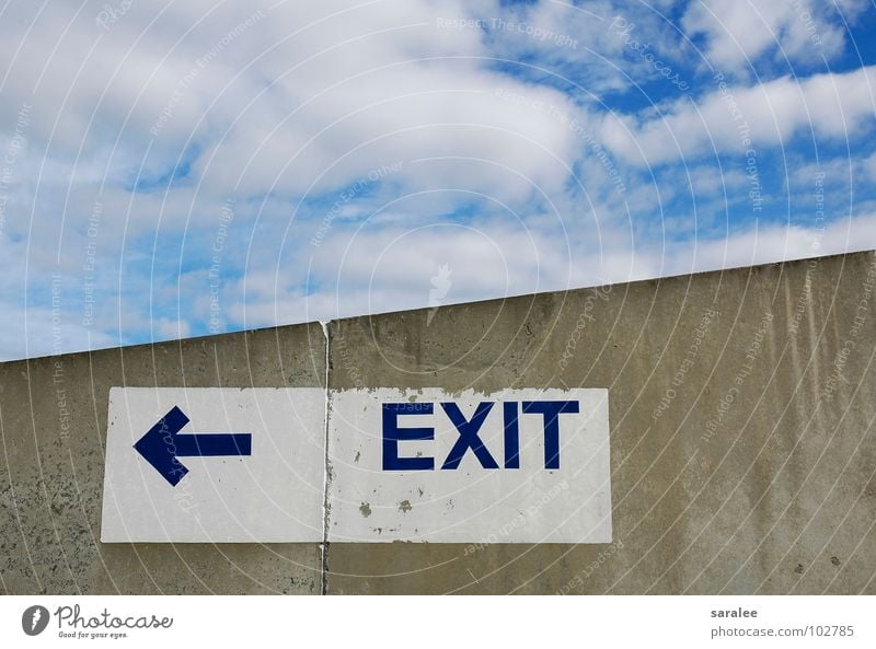 exit Clouds Direction Azure blue Concrete Gray Letters (alphabet) Word White Detail Sky Blue Signs and labeling Arrow