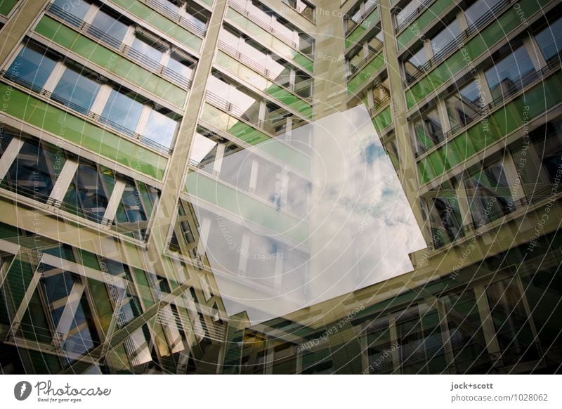 Open for new Office building Backyard Facade Window Sharp-edged Modern Green Complex Surrealism Irritation Double exposure Reaction Illusion Visual spectacle