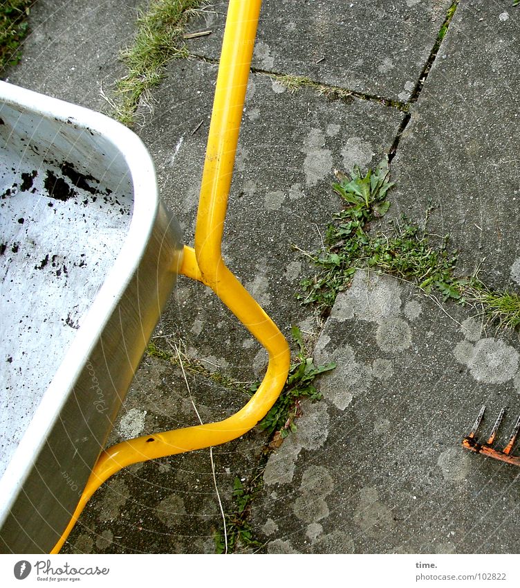 Only two perennials left Colour photo Exterior shot Twilight Garden Plant Earth Grass Park Transport Concrete Dirty Yellow Wheelbarrow Pitchfork Empty Furrow