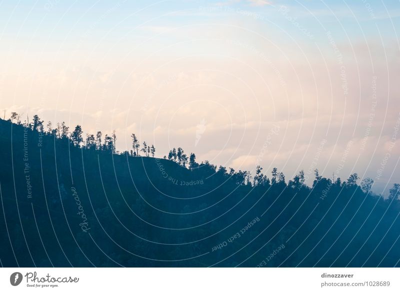 Forest silhouette in the mountains of Kawah Ijen Vacation & Travel Tourism Mountain Nature Landscape Sky Clouds Fog Hill Rock Volcano Blue Indonesia