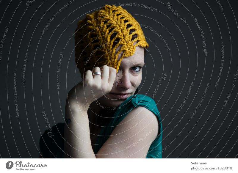 yolk Skin Face Human being Feminine Woman Adults Head Eyes Nose Arm Hand Fingers 1 Jewellery Ring Piercing Cap Freeze Yellow Handcrafts Woolen hat Crochet