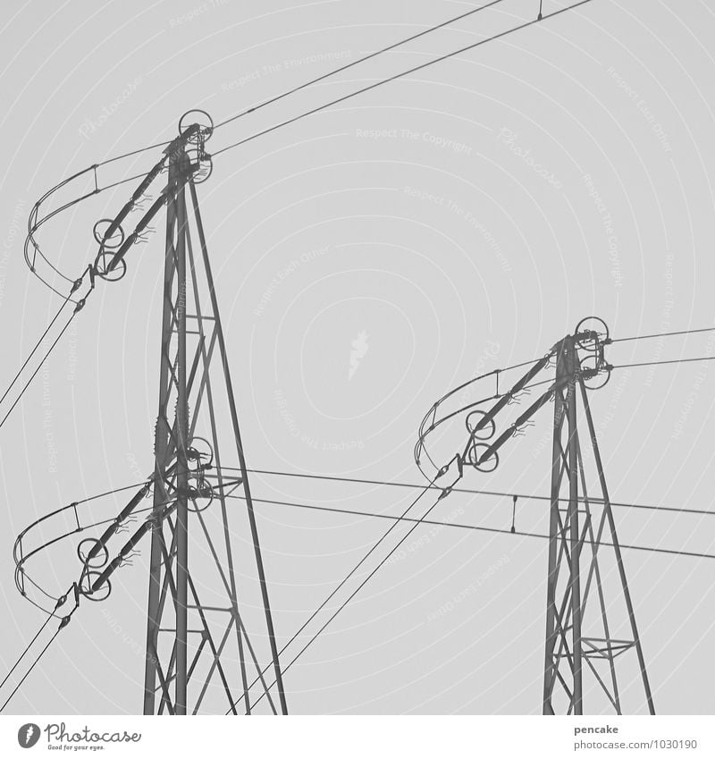 management tasks Technology Advancement Future Energy industry Elements Sky Winter Fog Sign Ease Electricity pylon Conduct Steel cable Black & white photo