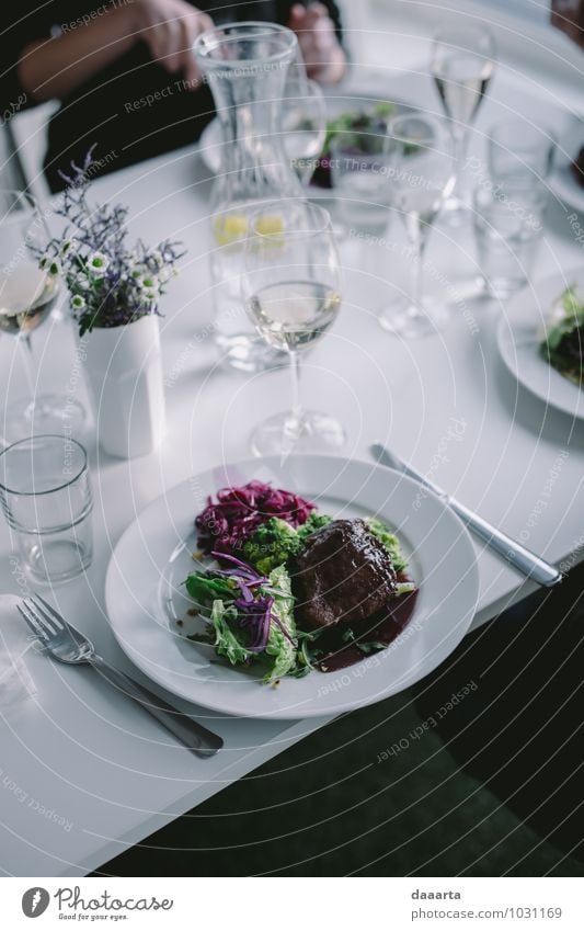 dinner Food Meat Vegetable Lettuce Salad Nutrition Eating Beverage Cold drink Wine Plate Cutlery Knives Fork Lifestyle Elegant Style Design Joy Harmonious