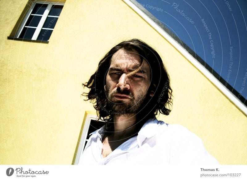 Yellow, blue 'n wasted House (Residential Structure) Portrait photograph Completed Shirt White Window Man Blue Sky Sun Hair and hairstyles Face Destruction