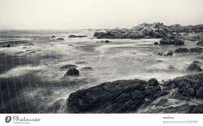 costa litica Landscape Sky Clouds Weather Bad weather Rock Waves Coast Beach Bay Ocean Black White Rough Black & white photo Exterior shot Deserted Day Contrast