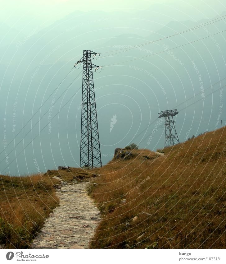 Postcard for Beagle Narrow Mountain ridge Hill Fog Electricity Electricity pylon Cable Grass Going Loneliness Aimless Italy Lanes & trails mountain chain hilly