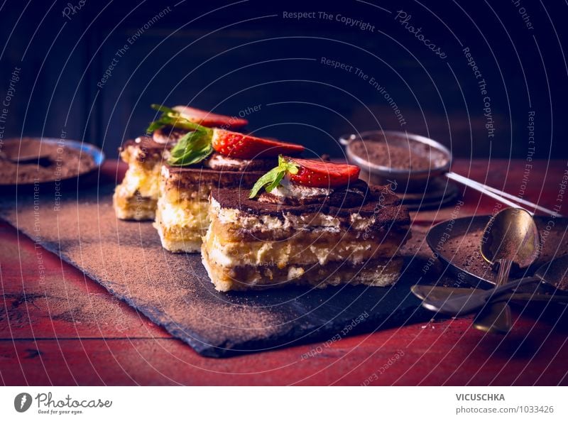 Tiramisu with strawberries on a red wooden table Food Dessert Candy Chocolate Nutrition Crockery Elegant Style Design Leisure and hobbies Kitchen Cake tiramisu