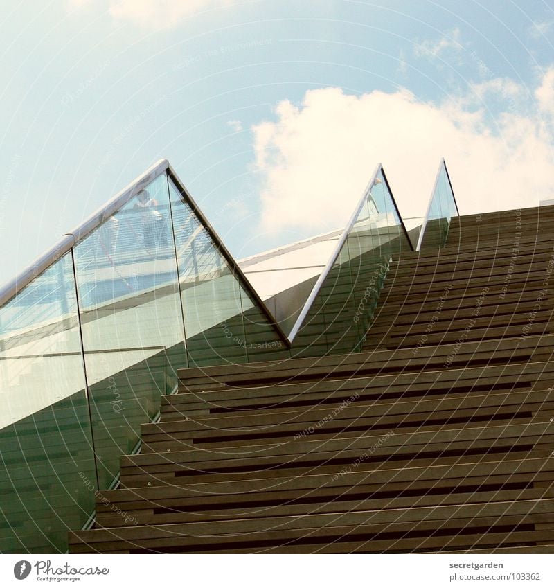 upstairs II Wood Reflection Tourist Lean Concrete Effort Sky Summer Clouds Detail Modern Stairs Upward Handrail Transparent Glass Blue Sun large staircase Go up