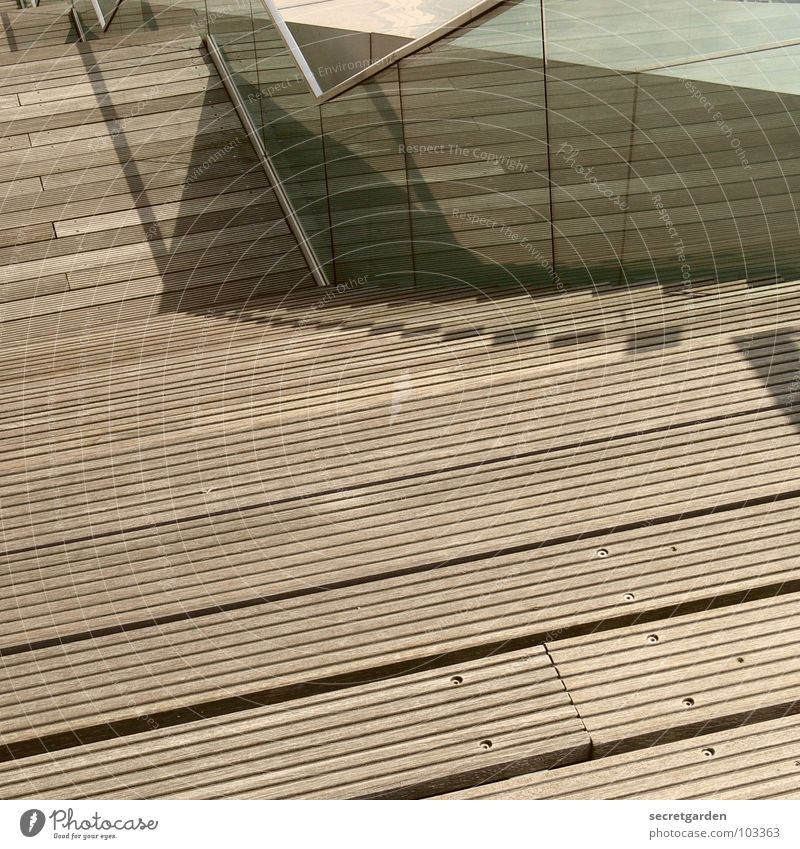 downstairs Wood Reflection Tourist Lean Concrete Effort Summer Wood strip Detail Stairs Downward Handrail Transparent Glass Blue upstairs sky sun Shadow shadows