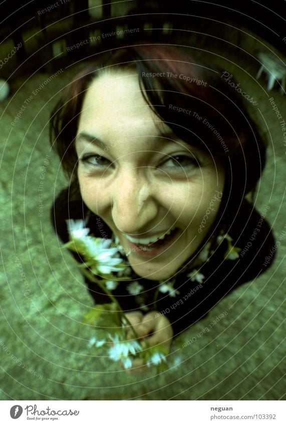 the cheeky garden rabbit Fisheye Crazy Emotions Green Flower Summer Hideous Portrait photograph Woman Wide angle Joy Garden Laughter Brash Nose Eyes Mouth