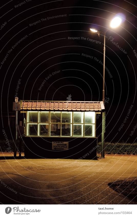 waiting Loneliness Bus stop Wait Night Dark Street lighting Window Roof Netherlands Lamp Light Meadow Floodlight Black Brown Brick Village Long exposure