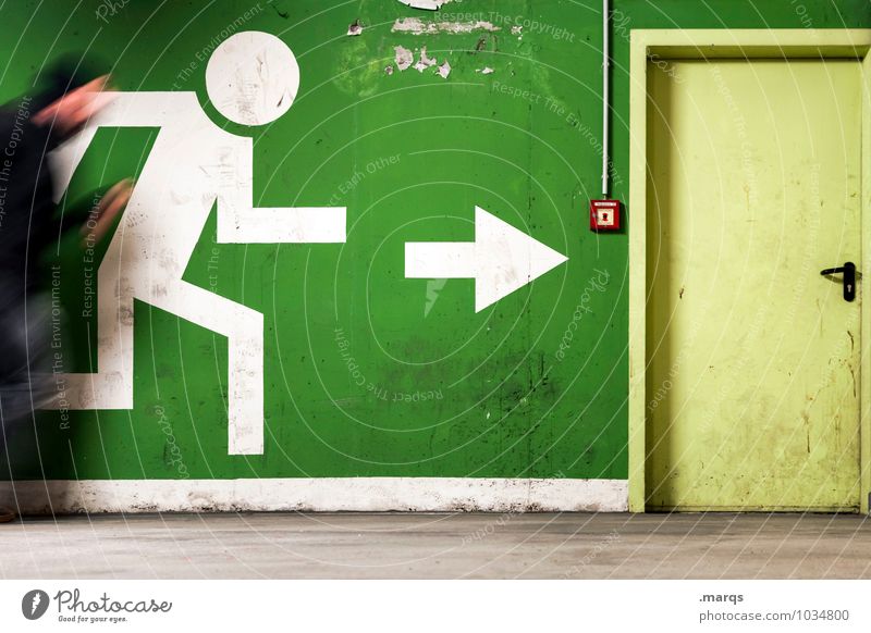 Let's go! Let's go! Let's go! Let's go! Human being Masculine 1 Door Sign Arrow Pictogram Running Exceptional Green Target Flee Escape route Panic