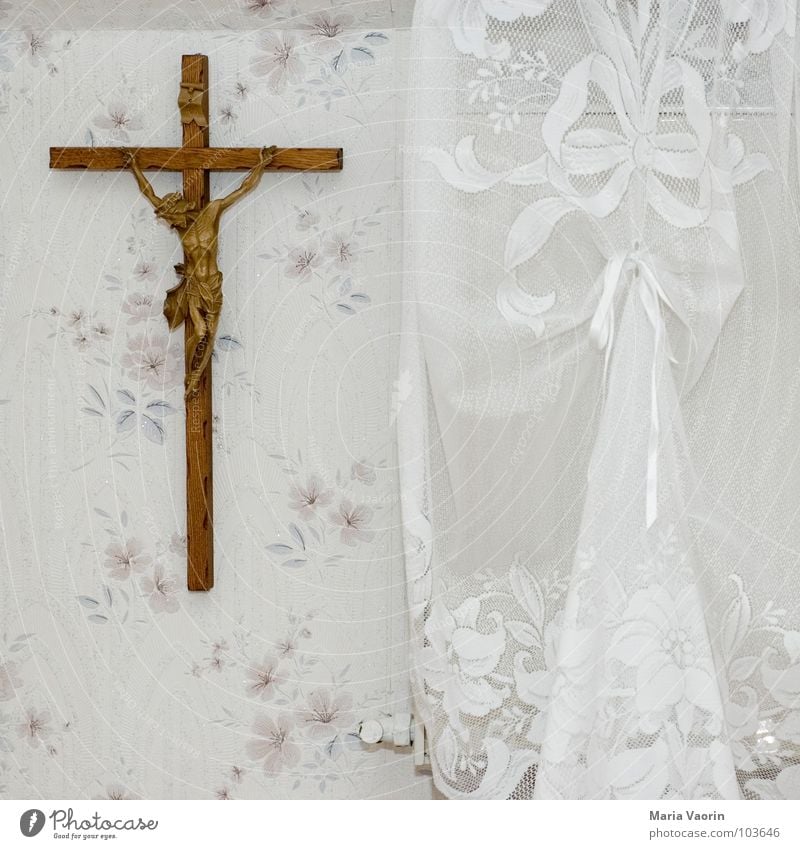 Ikea in bavarian Kitsch Deities Religion and faith Jesus Christ Belief Bavaria Crucify Wall decoration Decoration Curtain Wallpaper Prayer Holy Sin Sinner