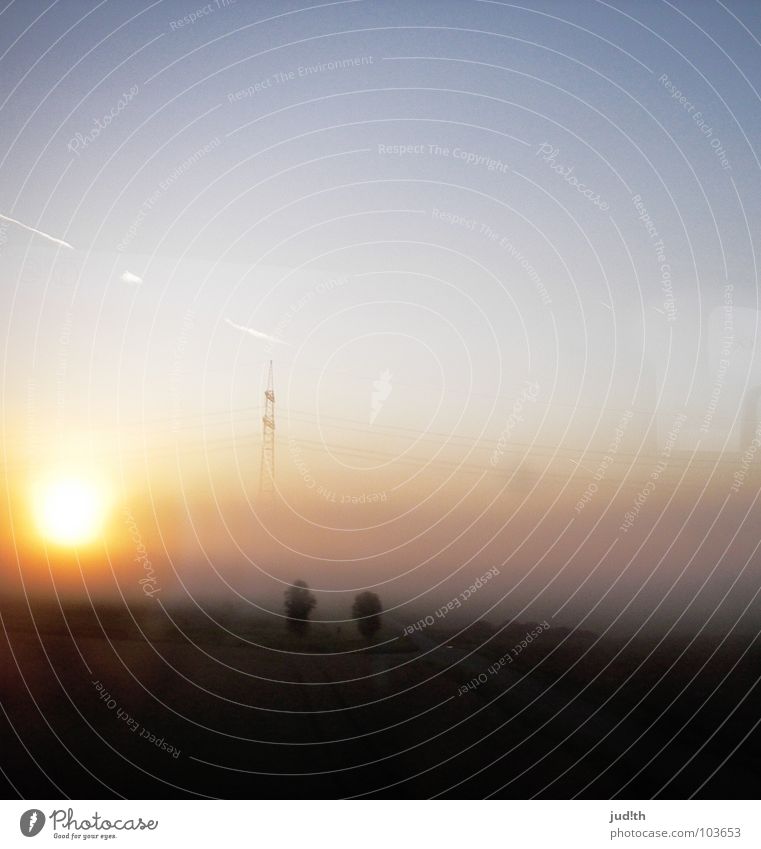 nuclear sunrise Sunrise Morning Fog Electricity Electricity pylon Tree Field Vapor trail Multicoloured Summer Horizon Good morning