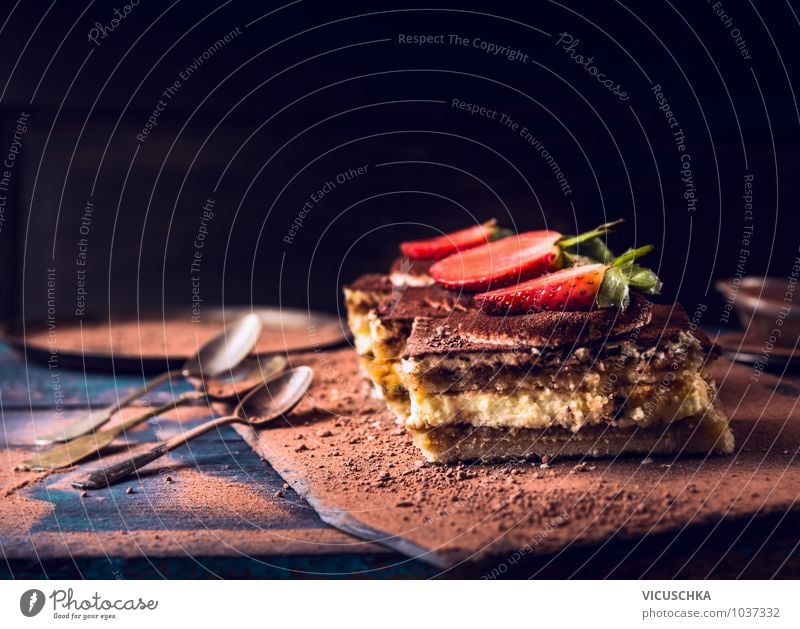 Strawberry Tiramisu Cake with Chocolate Food Fruit Dessert Nutrition Diet Italian Food Spoon Style Design Background picture Portion tiramisu Table Dark