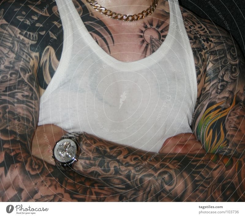 POWER Perspiration Golden necklace Wet Perspire Tattooed Man Prayer Hand Transparent Upper body Clock Interlocked Shirt Undershirt Power Force Skin Chain Sweaty