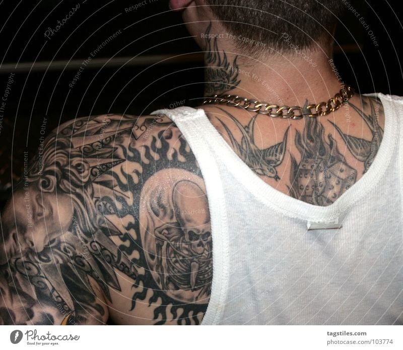 POWER Golden necklace Wet Perspire Tattooed Man Transparent Upper body Shirt Undershirt Shoulder Warning label Warning sign Power Force Skin Chain Sweaty Guy