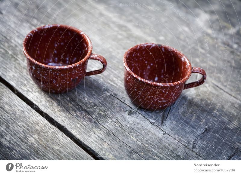 Retro tin bowl Beverage Coffee Crockery Cup Mug Wood Metal Old Poverty Kitsch Nostalgia Thrifty Enamel Colour photo Subdued colour Deserted Copy Space top