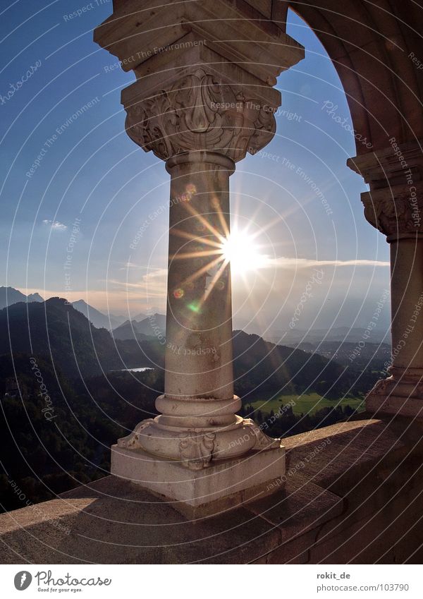 Kini´s Balcony I Bavaria Allgäu Neuschwanstein Sunset Dazzle Romance Cinderella Crazy Panorama (View) Vantage point Landmark Monument Summer Mountain feet