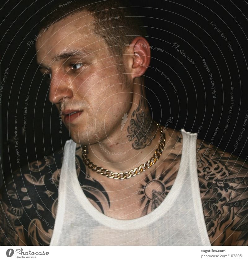 HH HARDCORE Perspiration Golden necklace Wet Perspire Tattooed Man Prayer Hand Transparent Upper body Shirt Undershirt Hardcore Portrait photograph Power Force