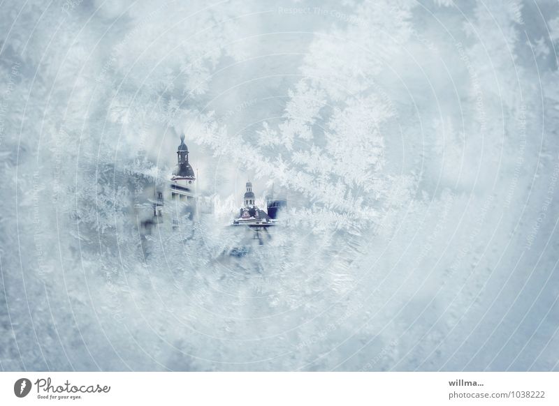 Through frozen window with ice flowers you can see historical towers of a city Frostwork Window pane City hall Tower Cold Frozen View from a window Vista