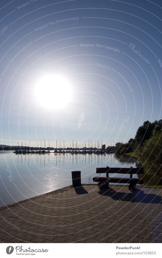 just rest for a while... Wooden bench Sailing Sailboat Watercraft Dock Jetty Lakeside Tree Panorama (View) Vantage point Beach Summer Physics Hot Bushes Harbour