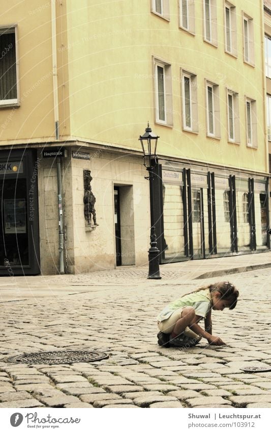 adagio Child Girl Playing Town Street House (Residential Structure) Yellow Gray Cobblestones Loneliness Gloomy Doomed Boredom Transience Parenting Teacher