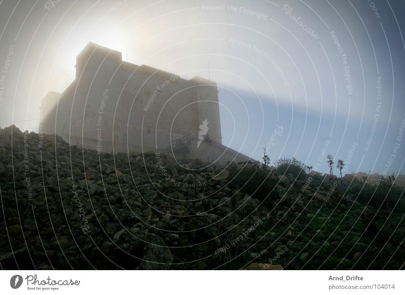 Fog holiday II Yellow Masonry Ruin Morning fog Sunrise Damp Sunbeam Cold Clouds Fresh Back-light Derelict Summer Rope Rock Sky Blue Tower Shadow Lighting