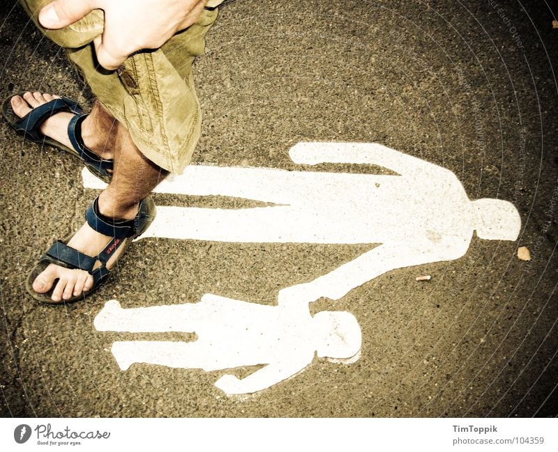 street children Sandal Road sign Toes Footwear Hand Pedestrian Zebra crossing Pedestrian precinct Stand Going Asphalt Stagnating Child Father Road safety