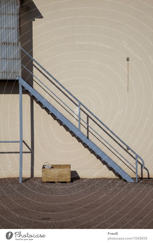 uphill and downhill Hut Building Stairs Facade Bucket Crate Cable Blue Metal Shadow Corrugated sheet iron Hunting Blind Handrail Colour photo Exterior shot