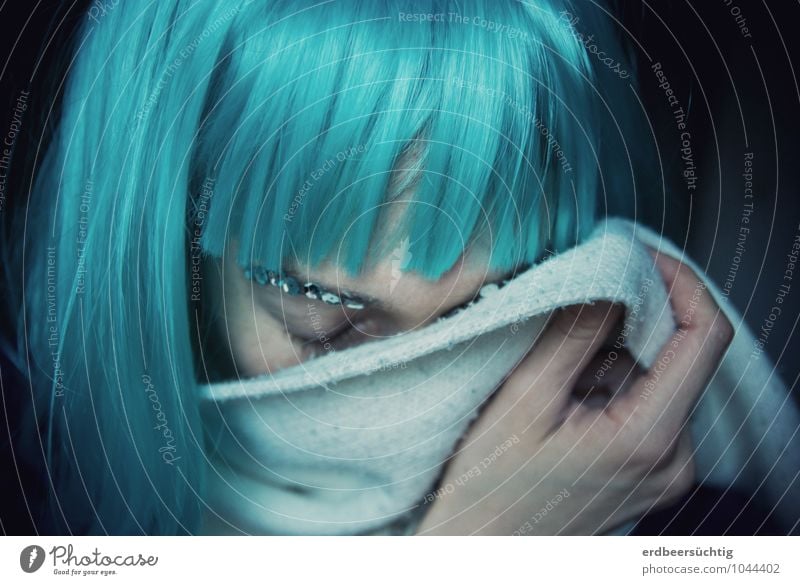 missing Beautiful Woman Adults Life Hair and hairstyles Hand Scarf Wig Bangs Freeze Dream Sadness Cry Uniqueness Cold Blue Turquoise Longing Loneliness