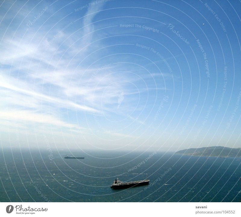 Strait of Gibraltar with ships Calm Vacation & Travel Far-off places Freedom Summer Ocean Logistics Nature Water Sky Clouds Horizon Beautiful weather Wind