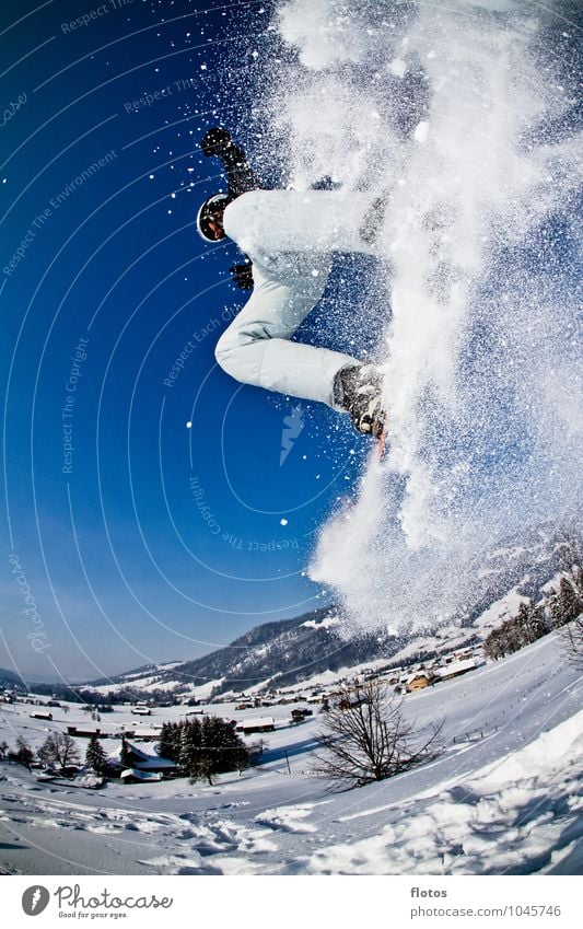 snowfall Sports Winter sports Ski run Jump Blue Black White Colour photo Exterior shot Close-up Copy Space left Day Flash photo Sunlight Fisheye Powder snow