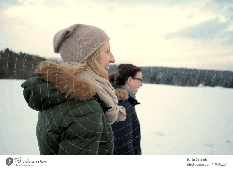 winter walk Feminine Woman Adults 2 Human being 30 - 45 years Landscape Winter Snow Forest Coat Cap Brunette Blonde Long-haired Laughter Walking Funny Joy