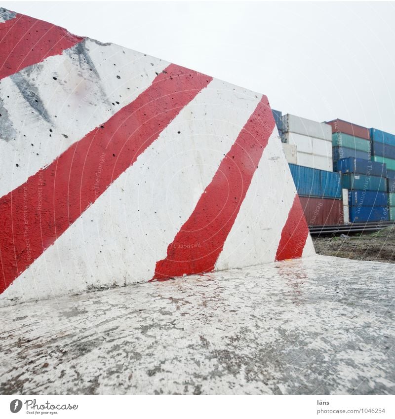 harbour edge Workplace Container terminal Container cargo Trade Logistics Services Harbour Concrete Steel Signage Warning sign Threat Dangerous Advancement