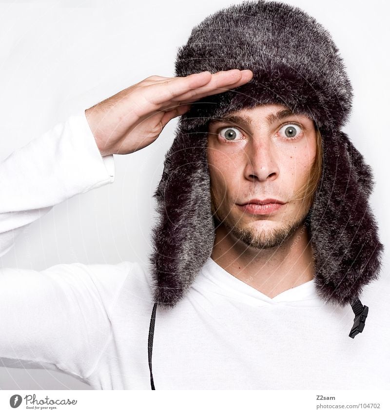 stood still Portrait photograph Cap Winter Fur hat Cold Army Obedient Hand Upper body White Man Masculine peple self self-portraits winter cap Pelt ear warmer