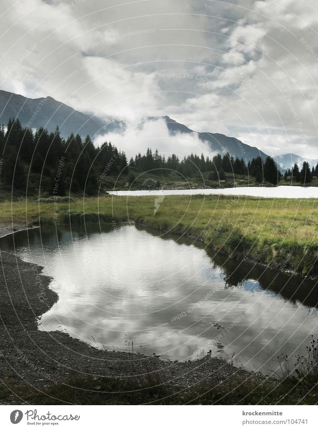 Place of power II Lake Clouds Reflection Alp Flix Canton Graubünden Switzerland Forest Fir tree Fog Mountain lake Tourism Calm Storm Weather Bad weather Water