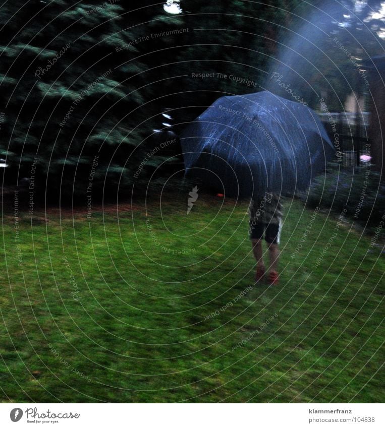 Local shower #50 Low pressure zone Bad weather Rain Grass Tree Coniferous trees Fir tree Spruce Umbrella Young man Pants Footwear Green Fence Garden fence